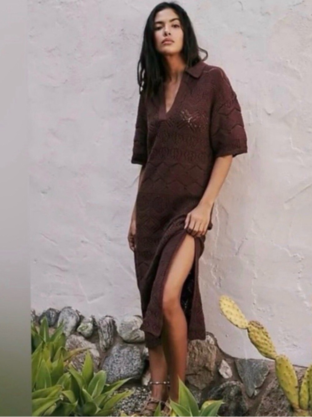 Free People Moonlight Maxi Dress Brown Ribbed Knit Collared Boho Y2K Size XS
